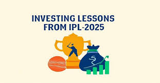 IPL cricket stadium with financial icons like stocks, money, and portfolios blended into the scene